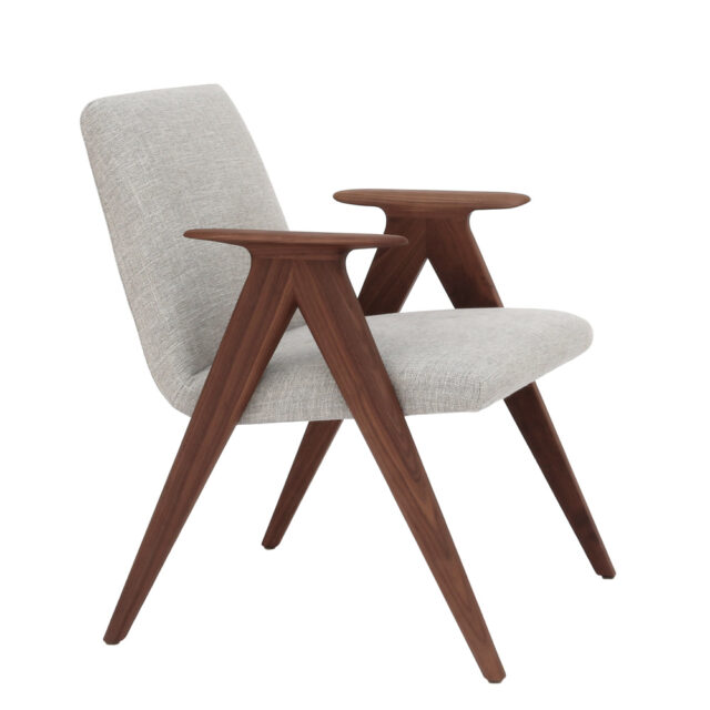 Evolution design -Design meubels-interieurwinkel-design winkel - woonkamer - living - fauteuil- houten poten - stof - grijs